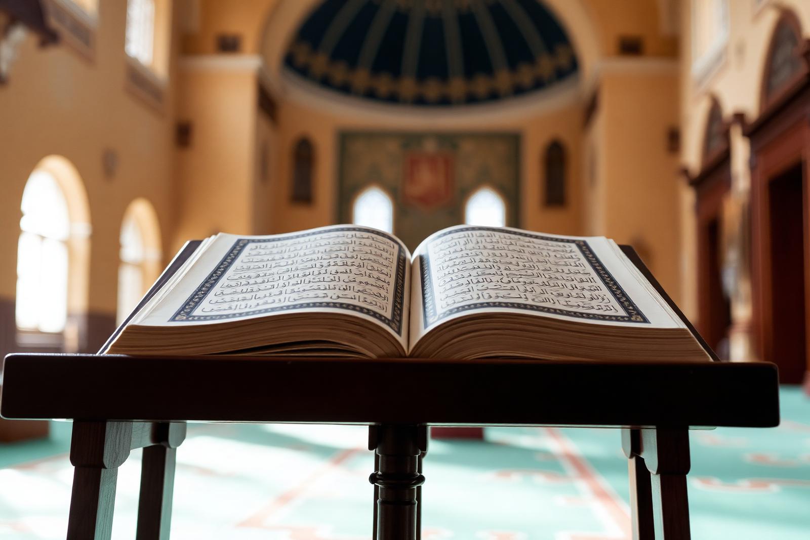 Aufgeschlagener Koran auf einem Lesepult